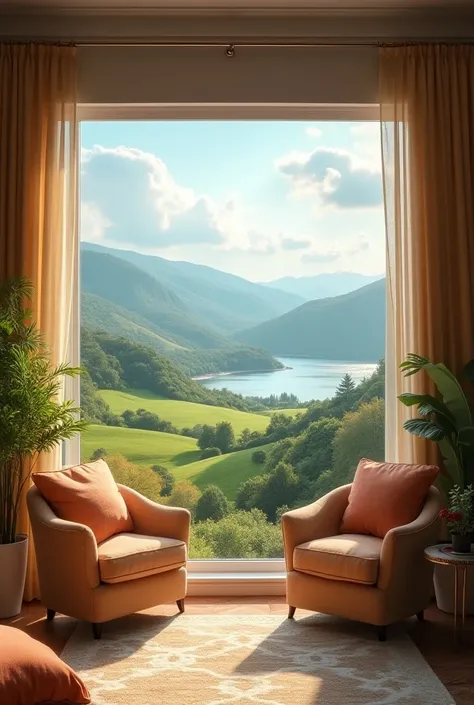 Beautiful and cozy room with a beautiful landscape on the window 