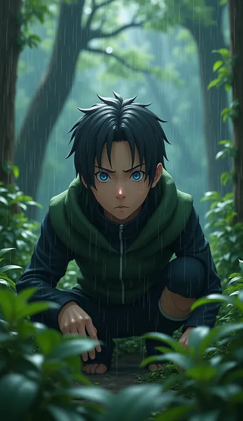 animation, naruto hidden between some bushes in nature, looking up into the rain, rain water dripping off is face, clouse up, 8k, detailed,  detailed face and body,