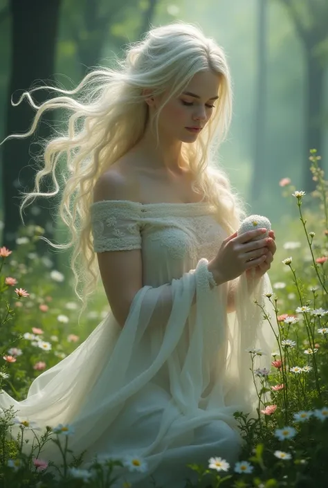 "Create an ethereal portrait of the White Witch in the tranquil village of Desola. She is a young and beautiful woman with flowing hair and a radiant presence, surrounded by vibrant flowers and lush greenery. The scene captures her gentle demeanor as she h...