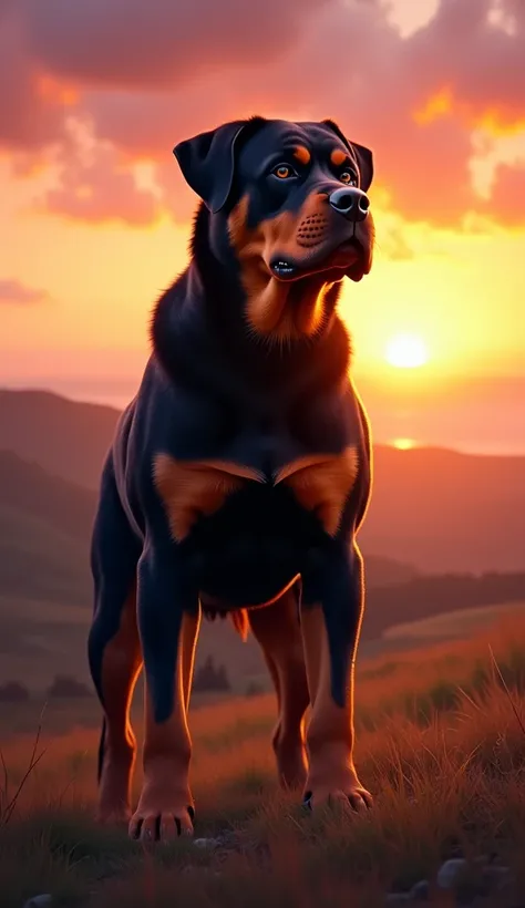 A Rottweiler dog at a beautiful sunset.