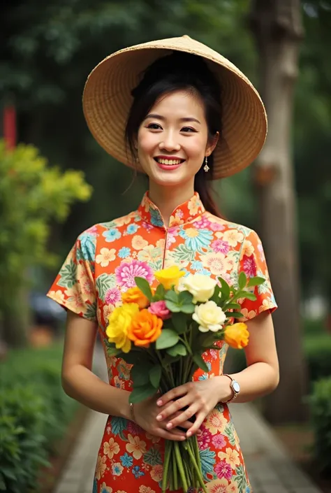 The Asian teacher, wearing a traditional Vietnamese áo dài and a conical hat, smiles while holding a bouquet of flowers in her hand.