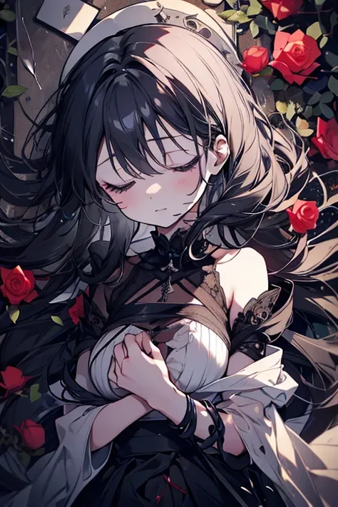 Girl with eyes closed、Mature、Long eyelashes、Asleep、Black Tears、Bound by a rose vine 、Being restrained、 rose spines stick to the body、Covered in scars、Pain々Shii、