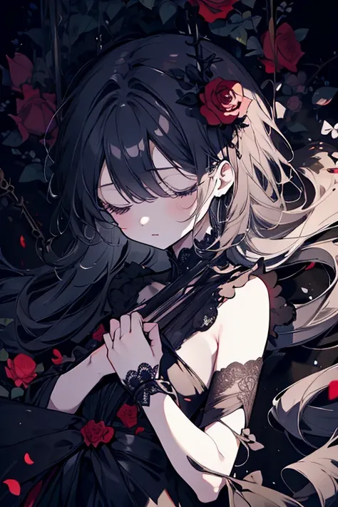 Girl with eyes closed、Mature、Long eyelashes、Asleep、Black Tears、Bound by a rose vine 、Being restrained、 rose spines stick to the body、Covered in scars、Pain々Shii、