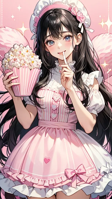  yellow and white striped bear number ,  pink scalloped bag .  has a white ribbon underneath the pale pink {x} shes coated with hot pink dripping icing or syrup、 pink popcorn scalloped bag , thick hair extensions .  she squints and winks 、 and 2 people sti...