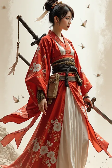 arafed woman in a kimono with a sword and a flowered dress, wearing kimono armor, wearing kimono armour, maid, inspired by taken...