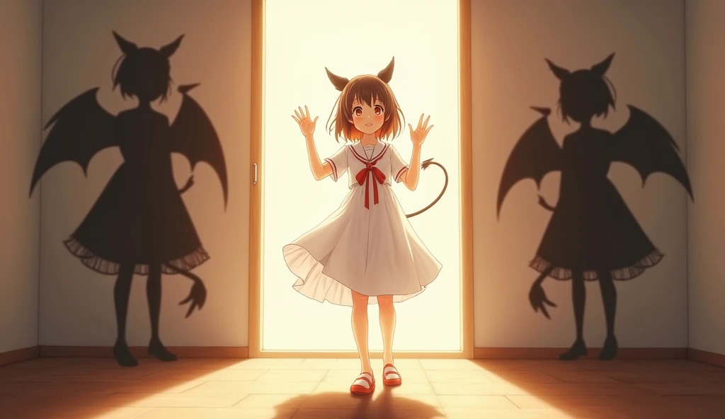 A Japanese high school girl is standing in a room exposed to the sun in a white dress ， waving her hands with an adorable smile The shadows that extend from her feet have devils wings and tail