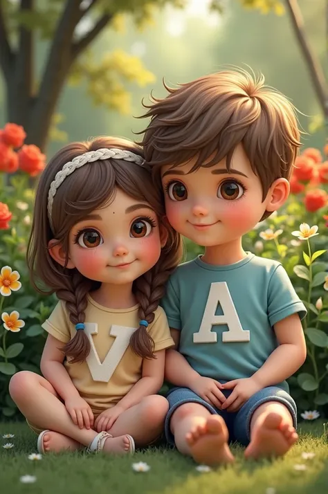 ((best quality)), ((masterpiece)), (detailed), perfect face, create a boy and girl sitting in garden.and girls shirt written A and boys shirt written V
