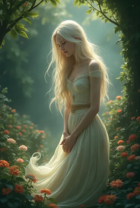 "Create an ethereal portrait of the White Witch in the tranquil village of Desola. She is a young and beautiful woman with flowing hair and a radiant presence, surrounded by vibrant flowers and lush greenery. The scene captures her gentle demeanor as she h...