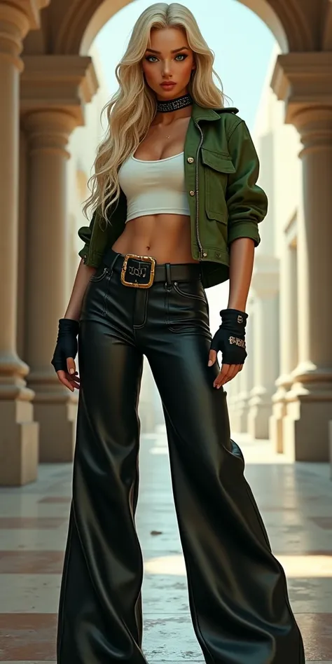 A vibrant scene featuring a real-life Sonya Blade from Mortal Kombat with a beautiful face, eyelashes, cute blue eyes, makeup, long wavy blonde hair, a black choker, black fingerless gloves, white crop top, cropped green jacket, black belt, 70s style wide-...