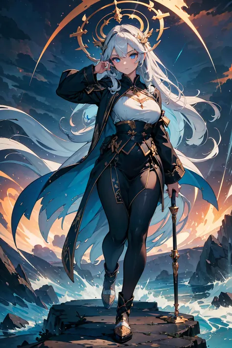 (((masterpiece, best quality, high detailed, 16k))) (1girl) A celestial goddess with long flowing silver hair that blends into stormy winds. Her piercing blue eyes glow like the depths of the night sky. She wears robes of swirling clouds, laced with golden...