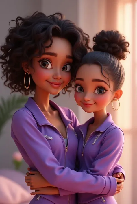 a beautiful young woman with very curly brown hair, her daughter with a bun and blue eyes, both wearing purple outfits, detailed portrait, high quality, intricate details, elegant, soft focus, pixar, sportswear outfitÉtincelle, 