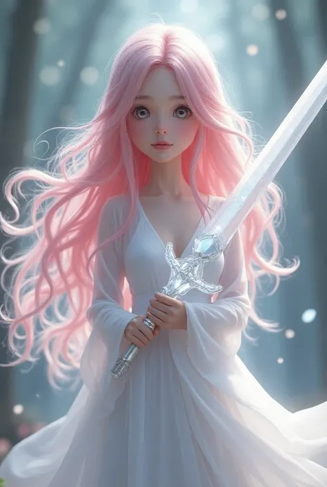  have lighter pink hair, please。
Make your clothes white 、 have a crystal sword 