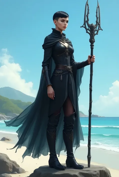 In RPG style, in style of Dungeons & Dragons, in style of fantasy painting. Full body view, looking at the viewer. image of a black female mage with dark magical metal staff, high boots. short undercut hairstyle. The sky is blue with white clouds and the o...