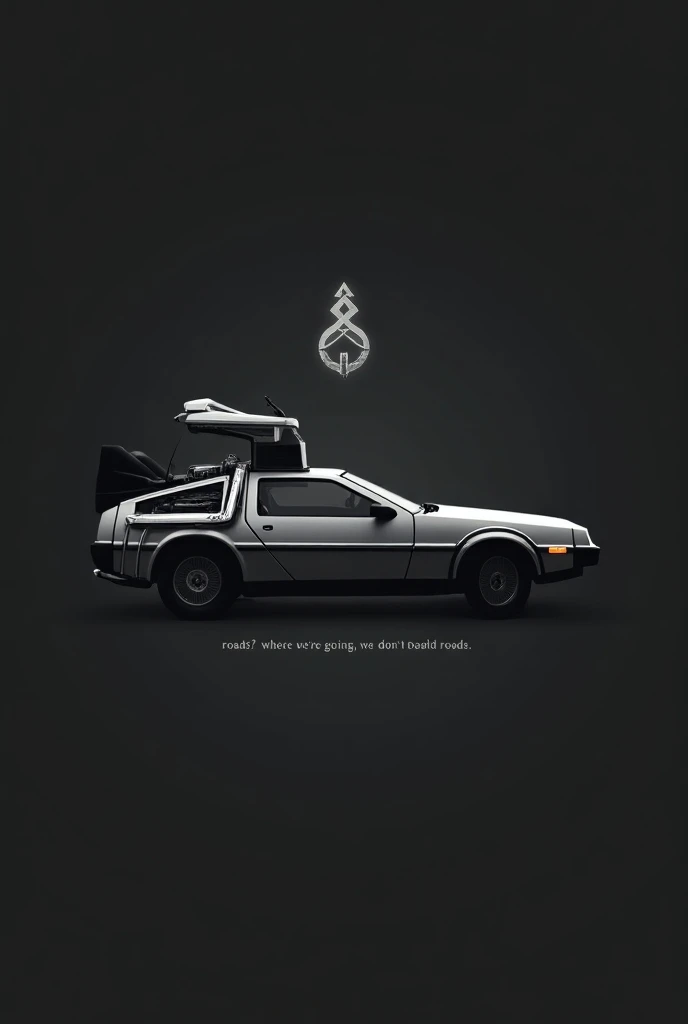 A minimalist design inspired by the "Back to the Future" saga, primarily in black and gray tones. The design features a clean silhouette of the iconic DeLorean car with its gullwing doors open, positioned centrally. Above the car, a subtle and simple flux ...