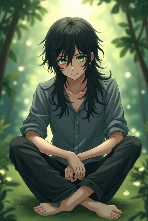 Anime boy with long black hair and green eyes sitting on the ground