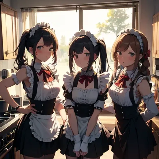 a group of maids , (in the kitchen),   various hairstyles , harem,   wearing maid uniform, night, face details, , short skirt, s...