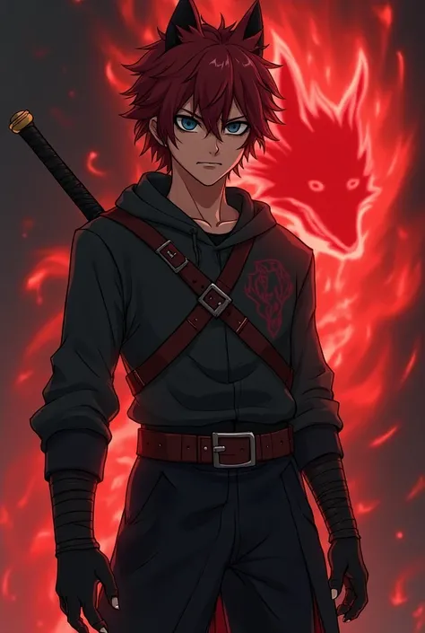 Anime by nnt Sixteen-year-old boy, dark reddish hair, dark blue eyes, marked and muscular physique with medieval warrior clothes, sharp teeth with small black claws, a sword on his back with the figure of a humanoid fox made of red energy behind him. 