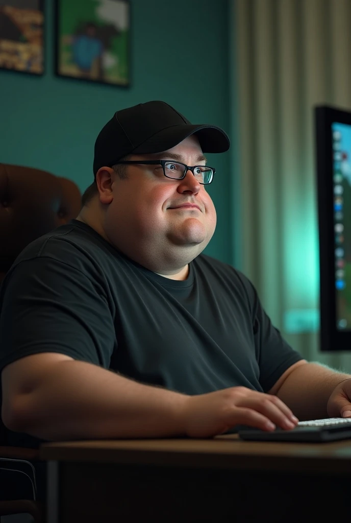 An ugly, slightly fat man with a flawed face, a big nose, small eyes in a black cap and glasses is playing Minecraft in front