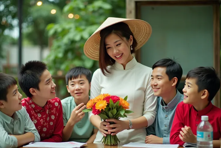 The Asian teacher, wearing a white ao dai and a Vietnamese conical hat, smiles while holding a bouquet of flowers, alongside her smiling Asian students.