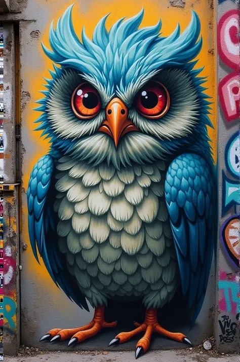  Realistic urban graffiti of an Urutau bird  (Potoo)  painted on a concrete wall .  The vulture must have a dilated pupil and the other normal ,  creating an intense and crazy look .  The graffiti must blend with the environment of the city ,  with other g...