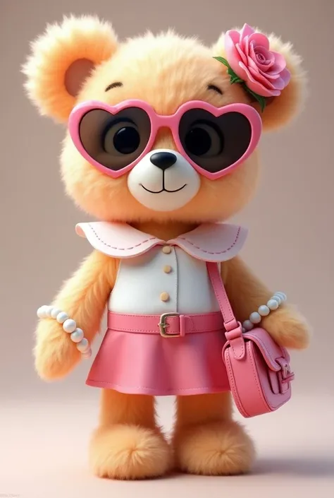  create a teddy bear , with a bow ,Rose on the head,  heart-shaped sunglasses with a black lens and pink edges,  with a white collar blouse ,  and a short pink skirt ,  the blouse has to have details in pink , and a pink bag with a buckle on it ,  and a pe...