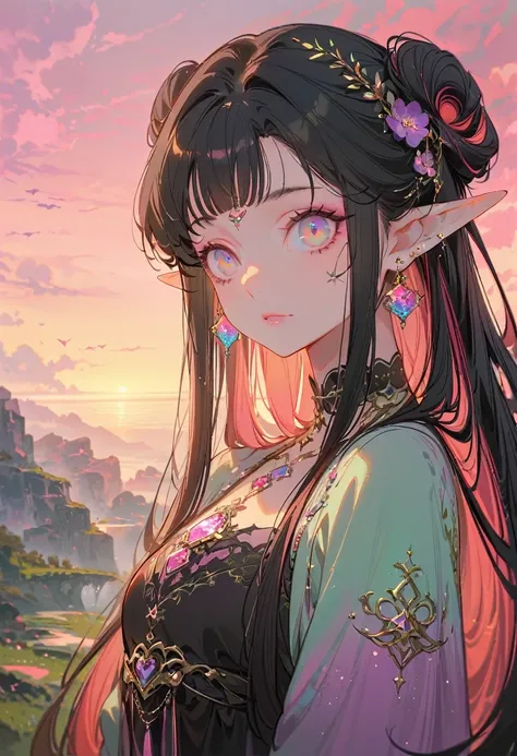 a beautiful pastel goth elf girl with long black hair with red streaks, extremely detailed eyes and face, longeyelashes, delicate facial features, intricate jewelry, detailed clothing, ethereal atmosphere, soft pastel colors, dramatic lighting, fantasy lan...