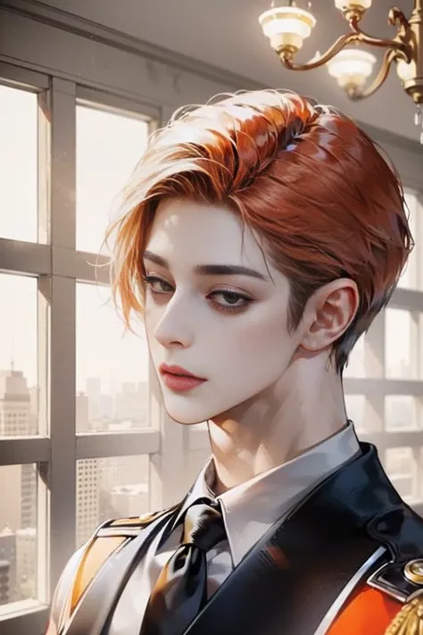 ((Top Quality, best quality, Masterpiece)), ((Ultra Detailed Face, Detailed Lips, Detailed Eyes)), ((1 male)), A handsome man in his 20s with orange red hair and light brown eyes, 쉼표 앞머리, k-pop male idol hairstyle, pretty face, pretty llips, eyes with doub...