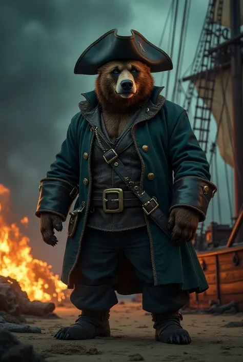  Create a cinematic poster featuring photorealistic portraits of clothed animals - a ((gordo)) Ferocious brown bear adult pirate ,,  he is on the deck of the ship on fire.  wearing pirate costume and pirate hat , with a serious expression, intense expressi...