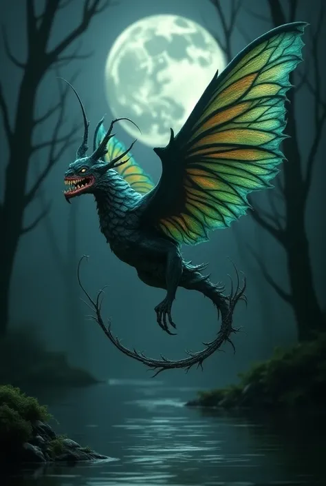 
Design a fearsome hybrid combining a bat and a peacock. Its body is sleek and agile like a bat, but adorned with eerie, ghostly peacock feathers that shimmer with iridescent hues of green, blue, and gold. The fan of its tail is broken and twisted, with ey...