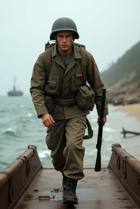 a hyper realistic and ultra detailed 8k picture of the marine cadet at the disembarkation on D-day in 1944 6 June 