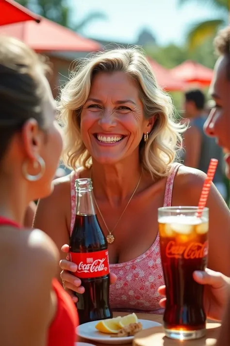  Creates an image of a human personification of the Coca-Cola brand :
 A jovial and optimistic person :
 * Aspect:  A middle-aged person ,  with a friendly face and an infectious smile .  His appearance is warm and close , transmitiendo happiness y energía...