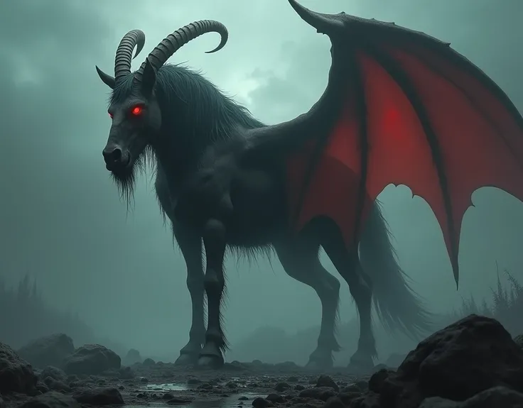 A dark landscape with a figure of a slender hairy monster with goat horns and giant wings of a red bat and horses head