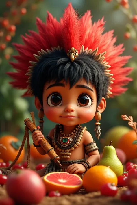 boy indigenous  ,  with red headdress and black hair,  with a slingshot in his hand ,  and fruits and candies around him  