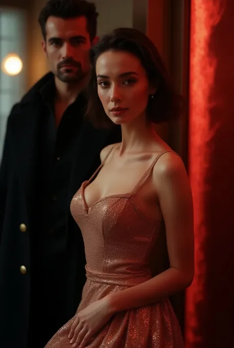 A beautiful woman with a shining dress with a guy wearing a coat with red something in background 