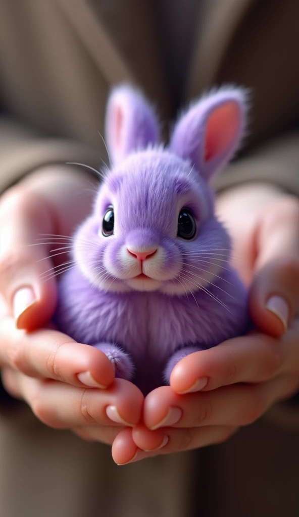 Very realistic cute purple mini rabbit in the palm of my hand detailed 8k