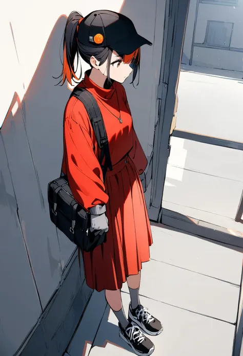  1 girl, Alone, Black Hair , whole body, ponytail, White background,Red clothing,Black sneakers,Short,Black Bag,Black Hat, light grey high socks,  Long sleeve, sunlight, light gray gloves , red culotte skirt,round orange hair ornament ,