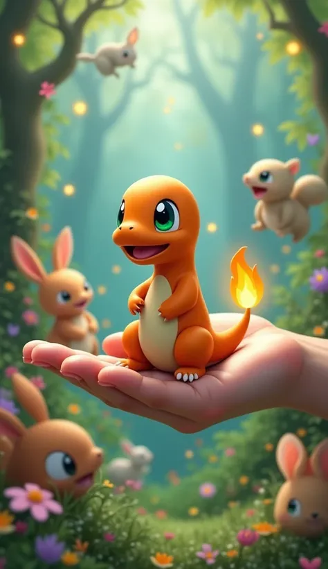 a fantastic little untrarealistic Pokémon Charmander , sitting on the fingers of one hand,  with a background with other cute little animals playing in the background