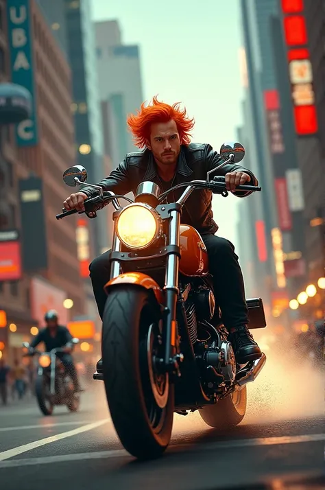  make me an image of a red-haired man, Riding a motorcycle around New York  