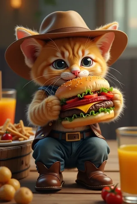 金色の子猫はAmerican Styleの洋服をきて、 like a stylish cowboy 。  a very large hamburger is placed on the plate 、 he sits beside a small table ,  and there are heaps of juice and potatoes on the table。 he briskly carries it to his mouth with his front legs . He eats a ...