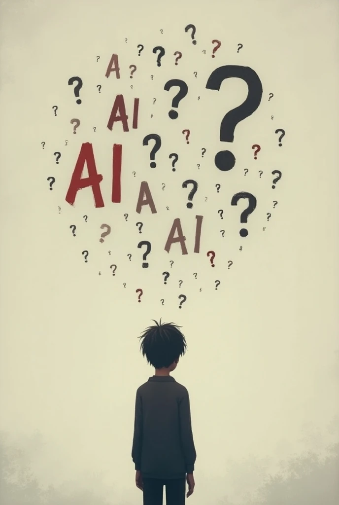 Create a poster with little dull colour combination, the text "AI" scattered here and there, some numbers scattered and some question marks as well, for a game called "CAN YOU THINK WHAT AI IS THINKING?" where you have to guess the exact number that the AI...