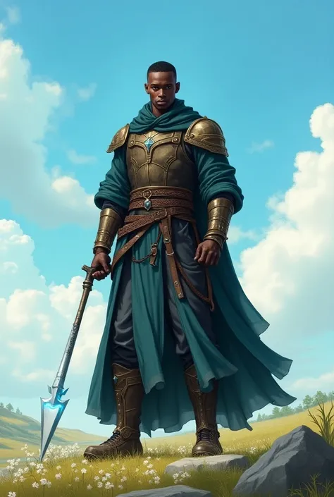 In RPG style, in style of Dungeons & Dragons, in style of fantasy painting. Full body view,  looking at the viewer. image of a black  male, mage with magical metal staff, short Buzz Cut hairstyle. robe armor with leather elements. The sky is blue with whit...