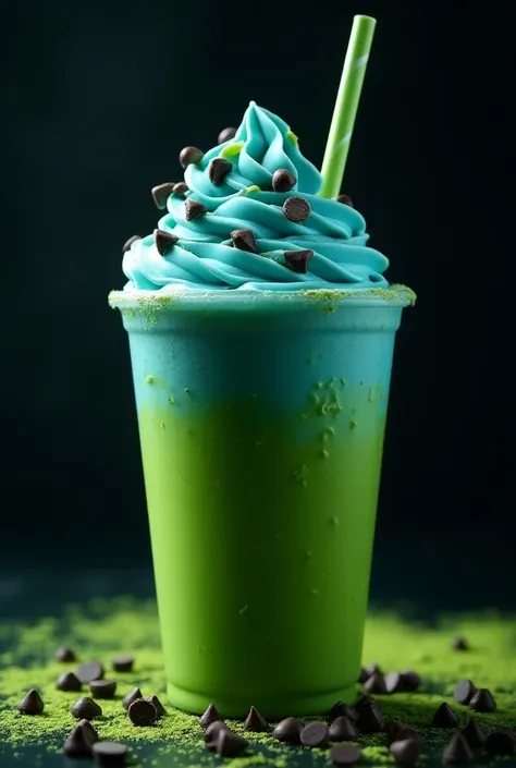 Swamp Monster Frappé .  Use a green matcha frappé and add blue whipped cream to it .  Garnish with green chocolate chips for that swampy, spooky look.