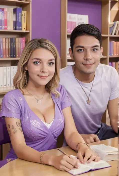 a picture of a couple: cantinflas wearing casual clothes sitting next to gabbie with blonde hair wearing a purple dress both are...