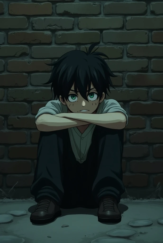 Sad anime man with messy black hair and green eyes sitting on the ground against a brick wall.