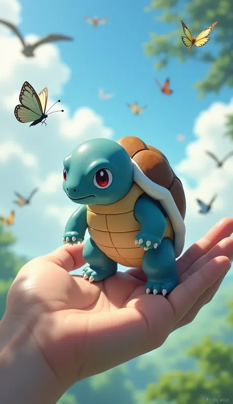 a small realistic Pokémon Blastoise , sitting on the fingers of one hand,  with a background with flying birds and butterflies