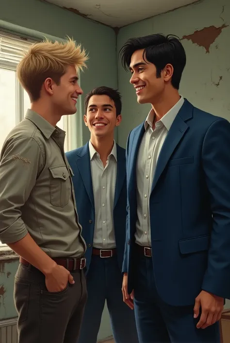 a realistic picture of two smiling Mormon missionaries facing and speaking to another man, whilst in a slightly broken-down apartment. The missionary on the right is taller, Hawaiian, with silky black hair and blue eyes and is wearing is in a blue suit, dr...