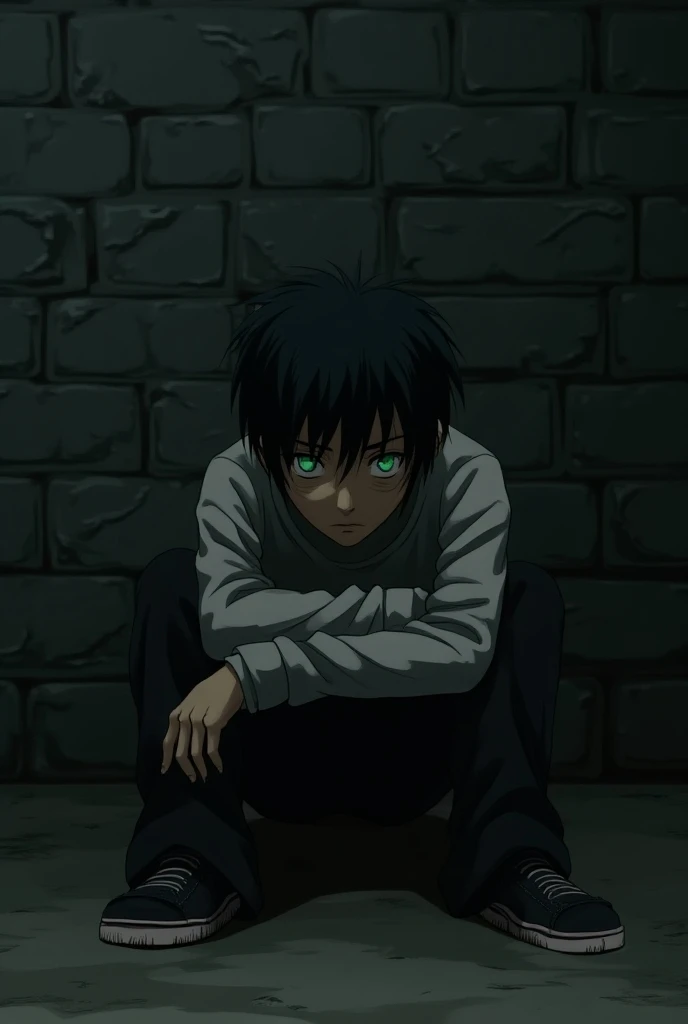 Sad anime man with messy black hair and green eyes sitting on the ground against a brick wall.