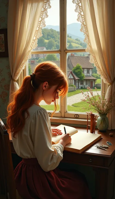 A girl with marsala hair in a small town in the English countryside writing in a diary.
