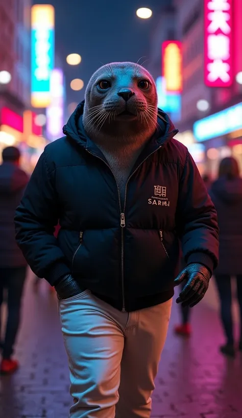 An ultra-realistic image of a seal walking confidently through the streets of Paris, dressed in a black jacket and white pants with bold patterns and accessories. The seal has an assertive expression, personifying a mixture of ferocity and anger. The backg...