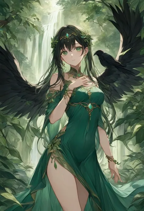 A stunning young woman, appearing to be around 23 years old, stands confidently in a serene forest clearing beside a picturesque waterfall. She is 1.60 meters tall, with long, flowing black hair that shimmers with subtle hints of blue and purple when illum...